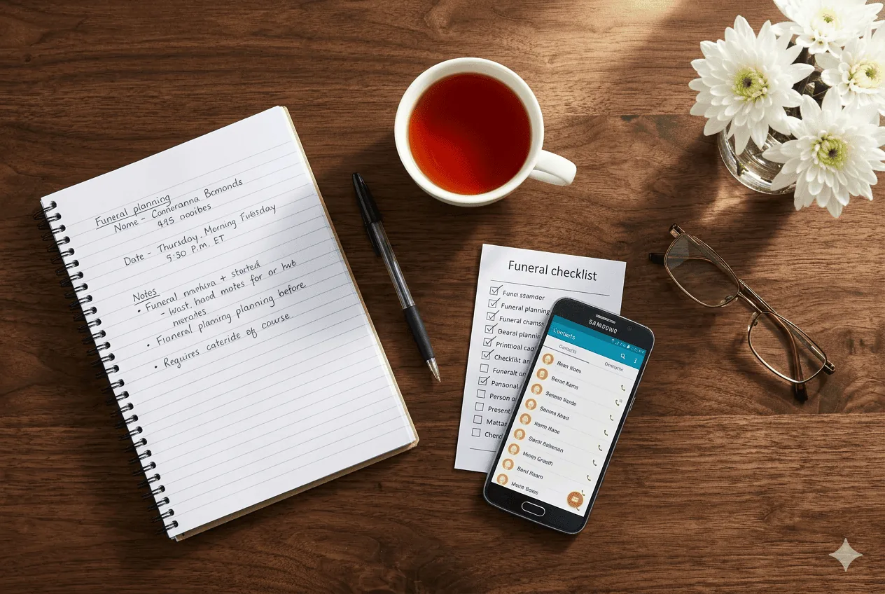 Funeral planning items on a wooden table