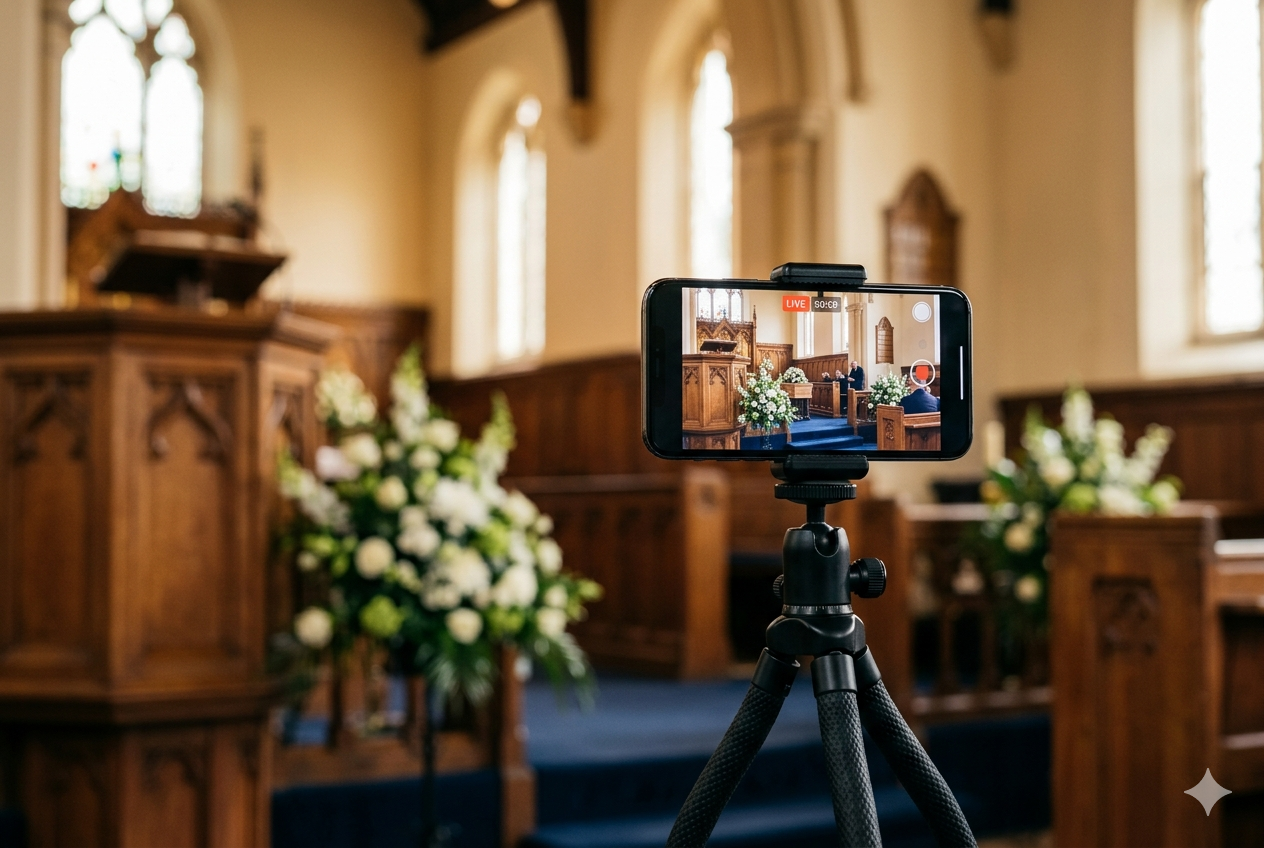 Smartphone on a tripod livestreaming a funeral service in a church