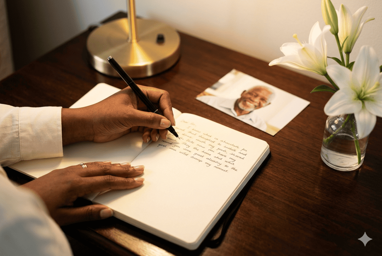Old family photographs scattered on a tablecloth with reading glasses