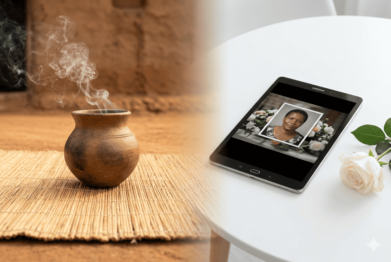 Traditional Zulu items beside a modern tablet showing a digital memorial