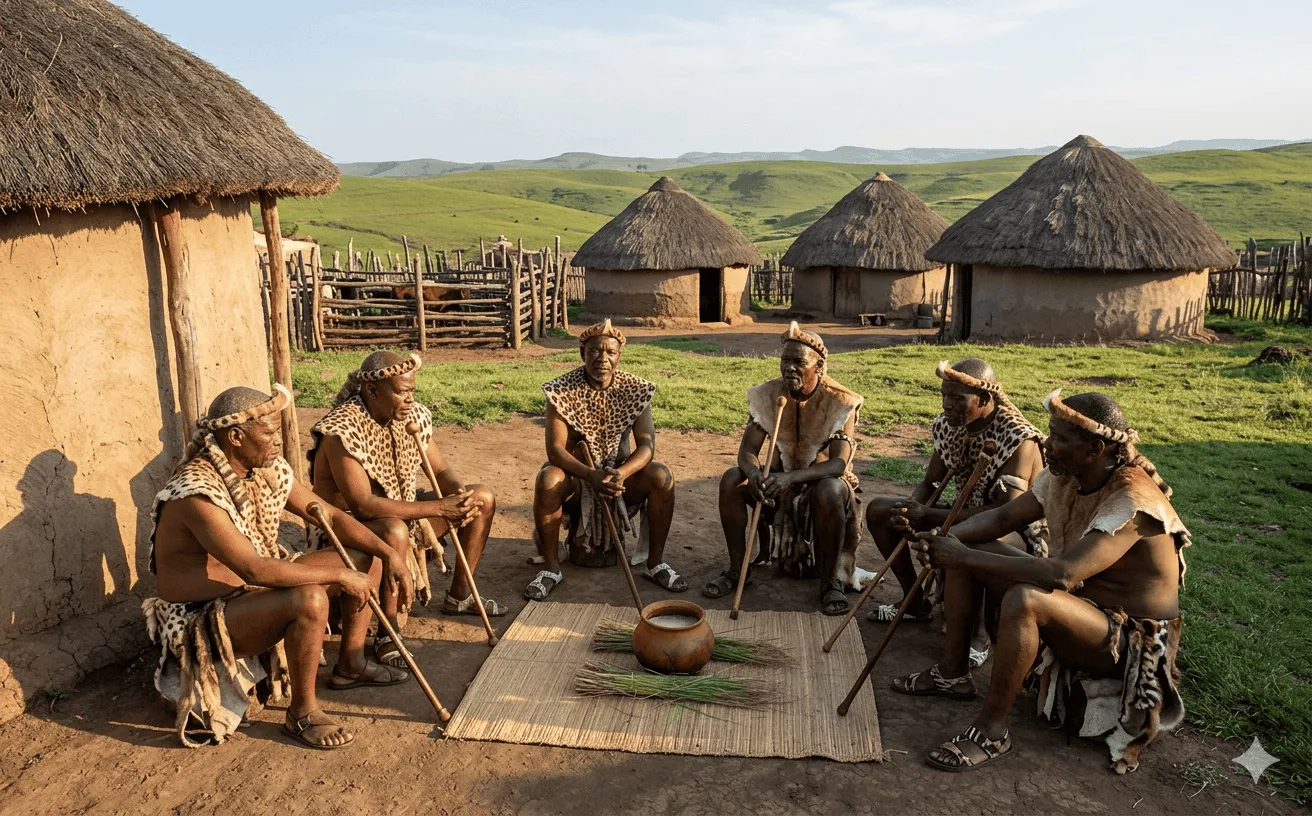 Traditional Zulu elders sitting in council discussing burial customs at a rural KwaZulu-Natal homestead