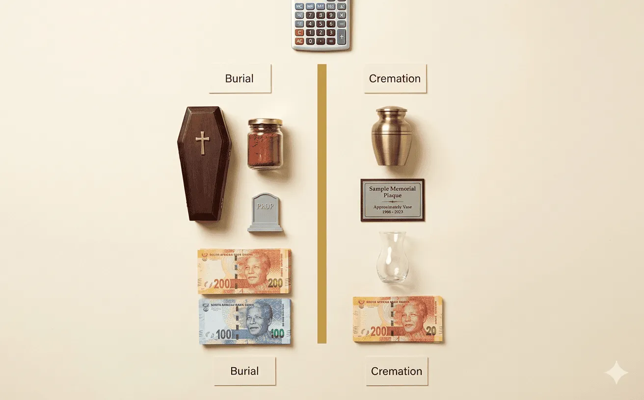 A visual cost comparison between burial and cremation expenses using South African Rand notes