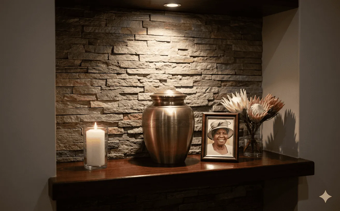 A contemplative crematorium memorial room with a brass urn, candle, and protea flowers