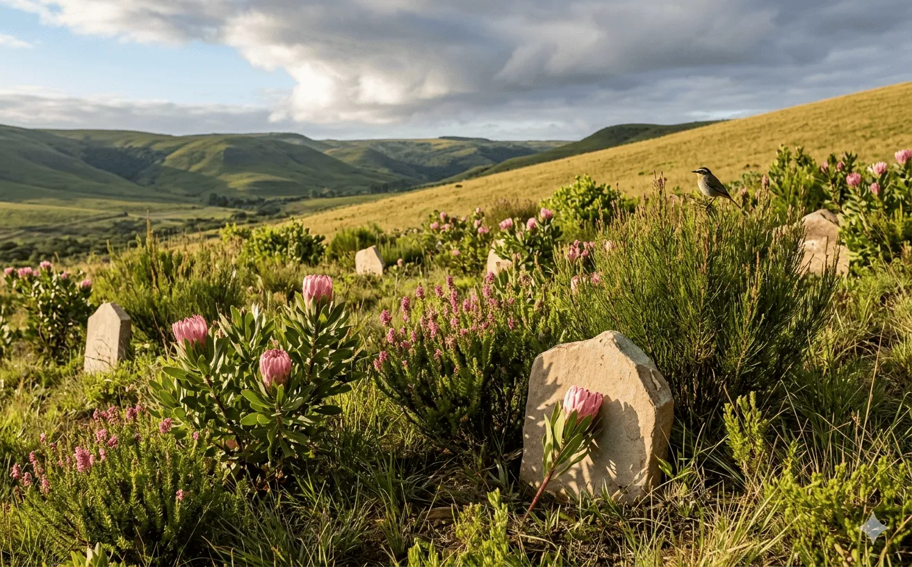 A natural green burial site with indigenous fynbos plants in a South African nature reserve