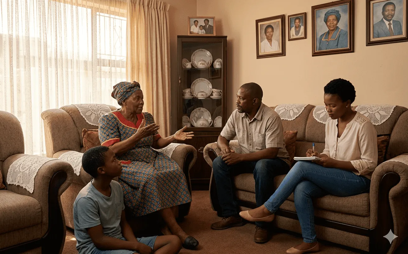 A multigenerational Black South African family discussing burial wishes in their living room