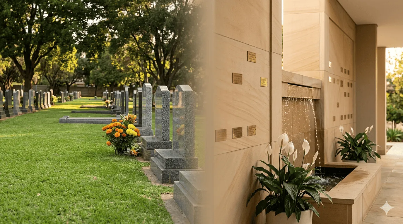 Split view of a peaceful South African cemetery and a modern crematorium memorial garden