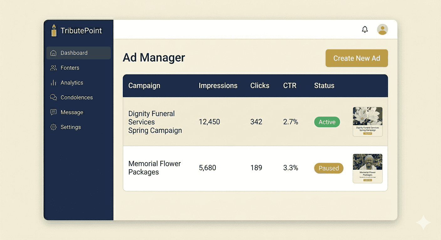 The TributePoint ad manager showing a list of campaigns with impression counts, click-through rates, and status toggles
