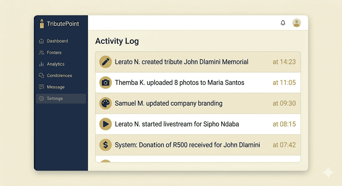 An activity log showing timestamped entries for tribute creation, photo uploads, and team actions