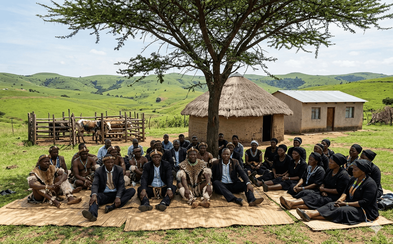 Three generations of a South African family viewing a memorial page on a laptop