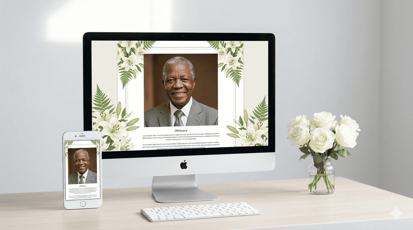 Desktop computer and smartphone displaying a dignified memorial webpage