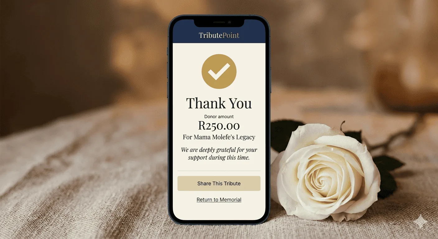 TributePoint donation thank-you page showing the amount, tribute name, and a WhatsApp share button
