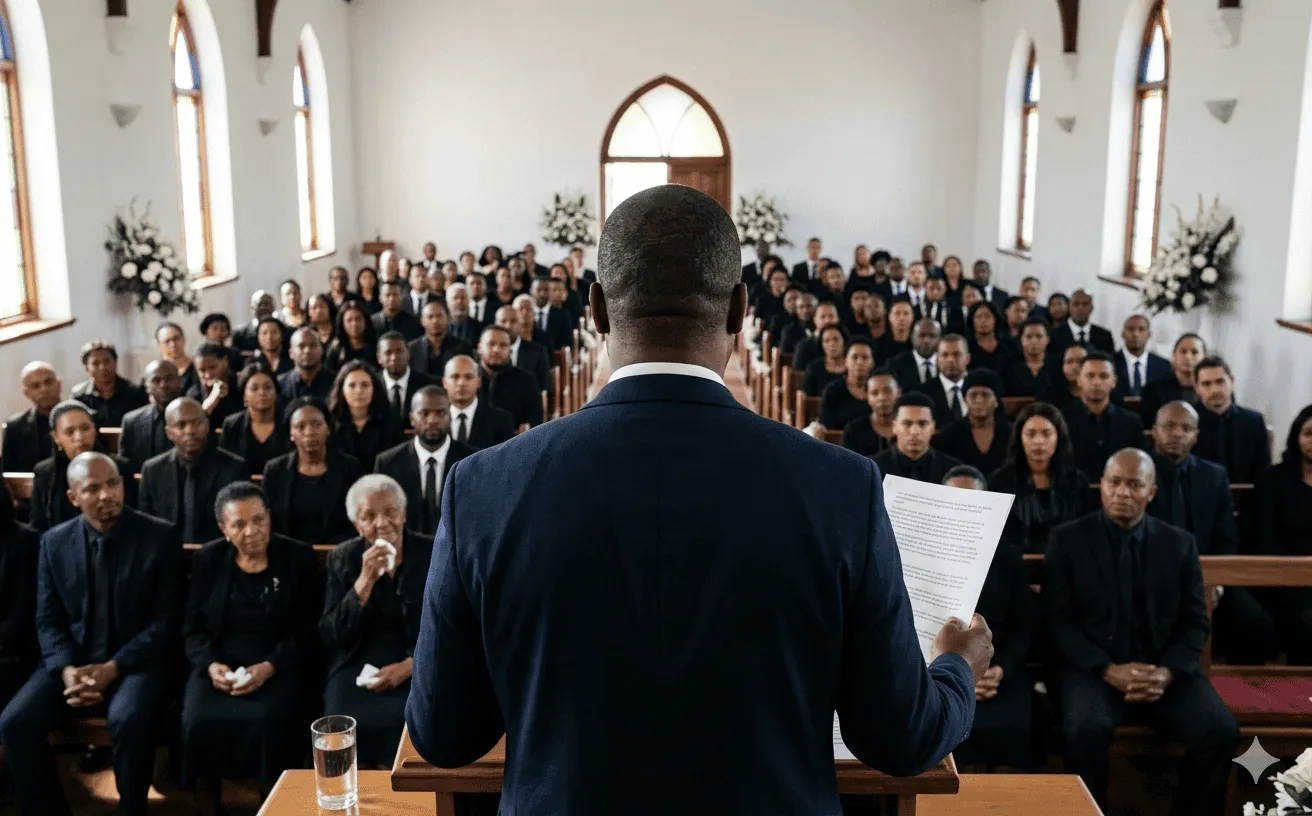 Over-the-shoulder view of a eulogy speaker facing a church congregation holding large-print pages