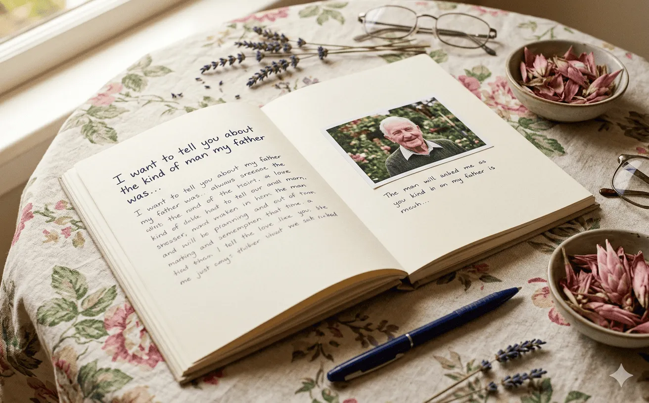 An open journal showing a handwritten eulogy example with a pasted photograph and dried flowers