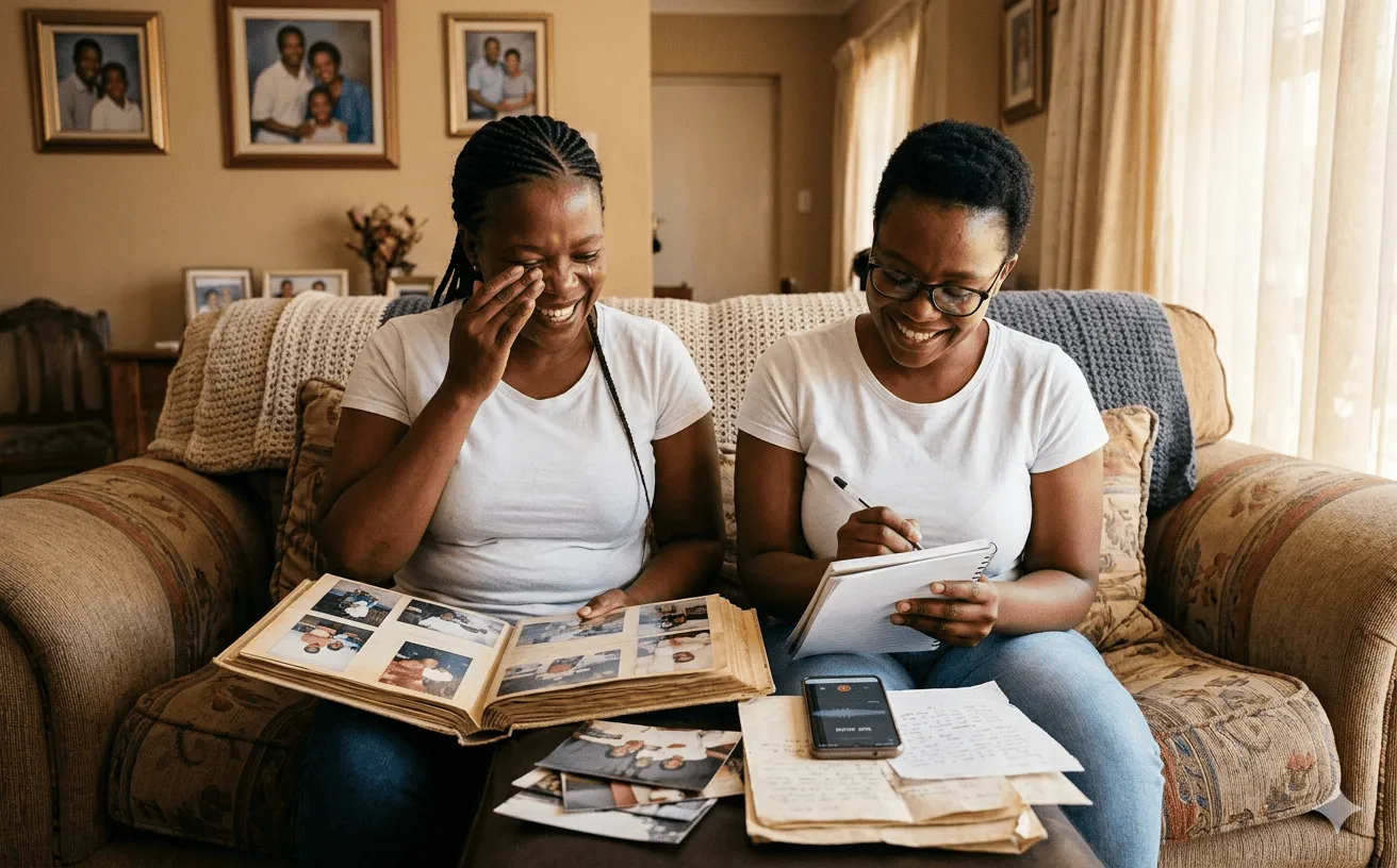Two sisters on a couch going through old family photographs and writing down memories for a eulogy