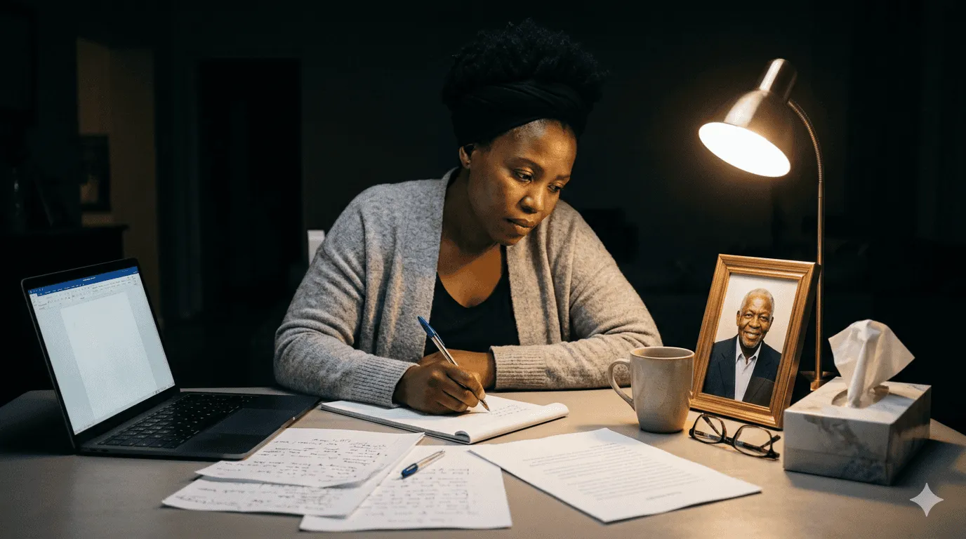 A woman writing a eulogy late at night at a dining table with scattered papers and a framed photo