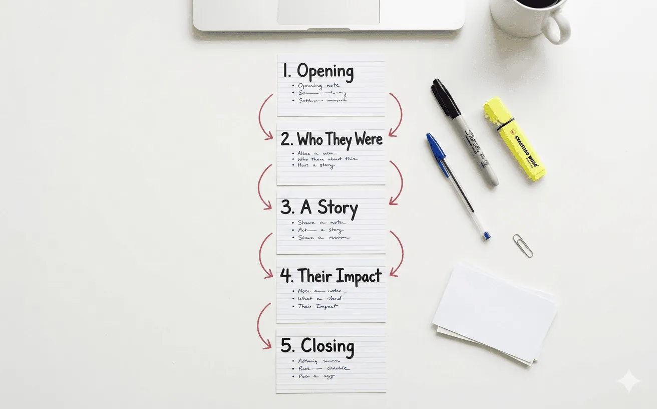 Five index cards arranged in order showing a simple eulogy structure with handwritten headings and notes