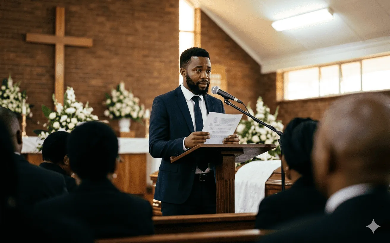 A young man delivering a eulogy at a church podium with restrained emotion holding a printed page