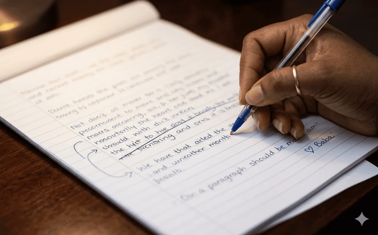 Close-up of a hand writing a eulogy in blue pen on lined paper with crossed-out lines and edits