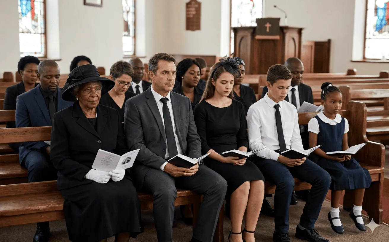 A multigenerational congregation in formal dark church attire seated in wooden pews during a funeral