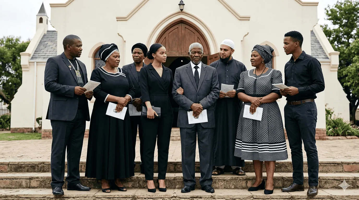 A diverse group of South African funeral attendees in appropriate attire standing outside a church