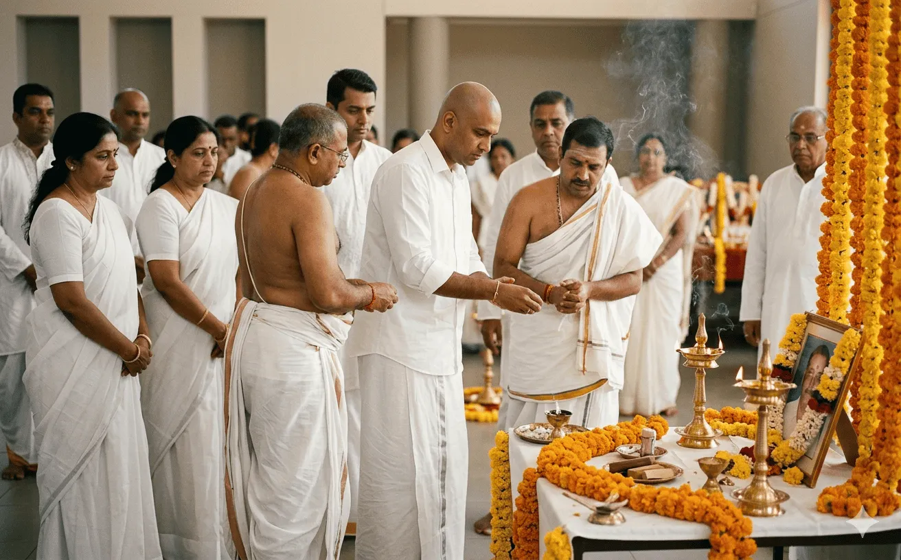 A South African Hindu family in white mourning clothing gathered around a ceremonial cremation area