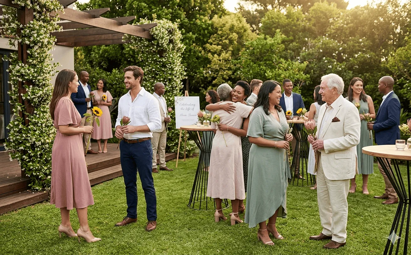 Guests in smart-casual soft-toned clothing arriving at an upscale garden memorial celebration of life
