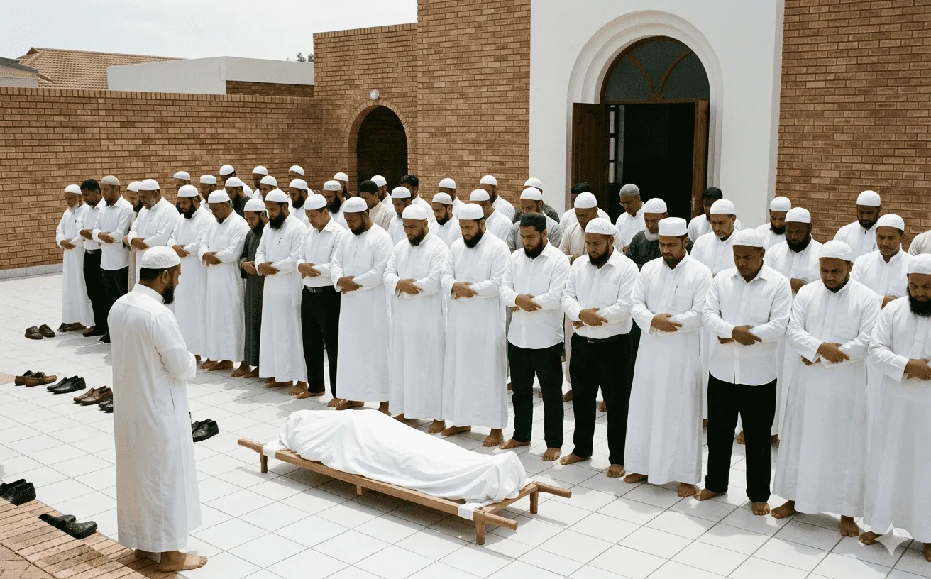 Muslim men in white thobes and kufis performing Janazah prayer in rows at a mosque courtyard