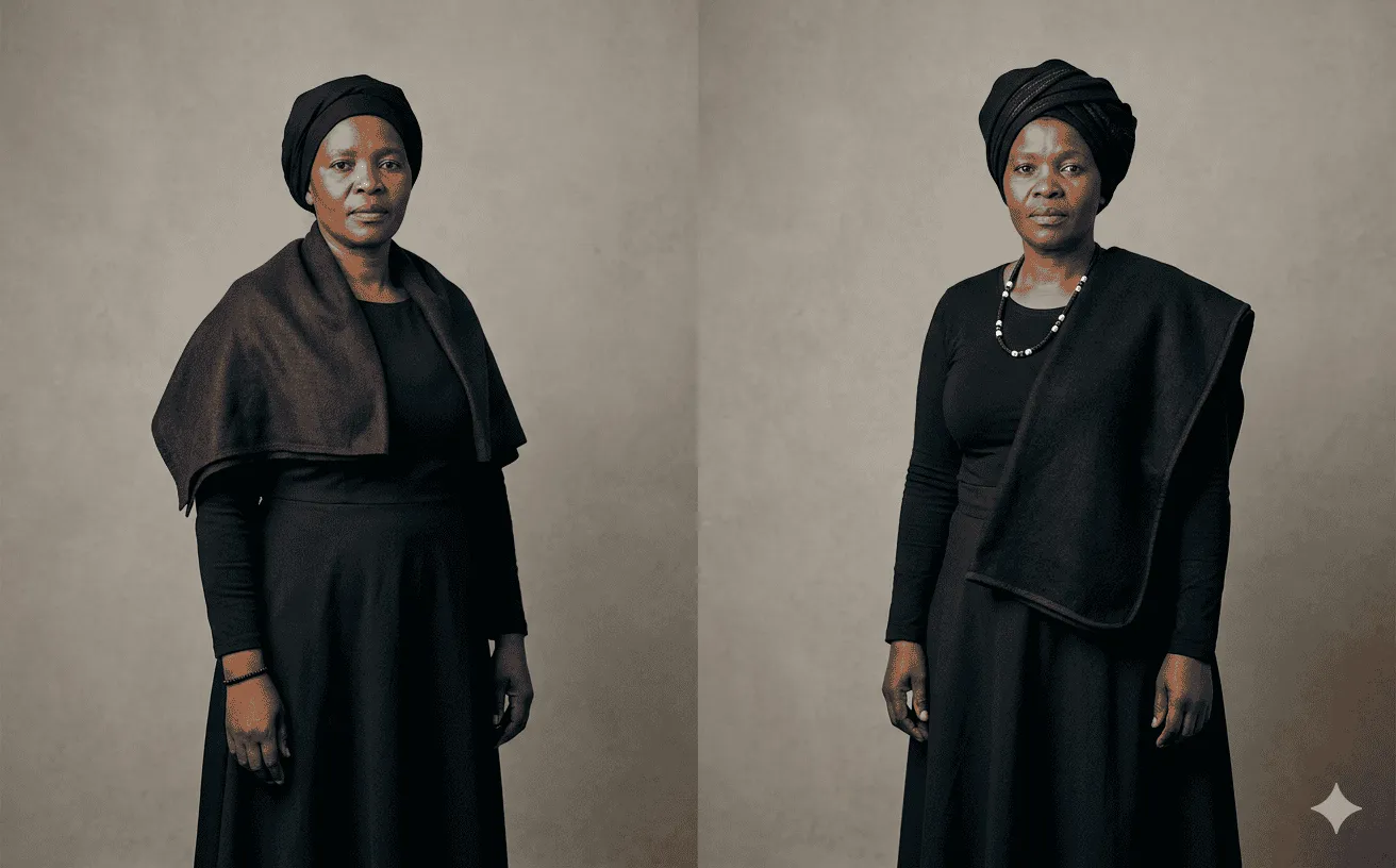 Side-by-side portraits of Zulu and Xhosa women in traditional funeral mourning attire