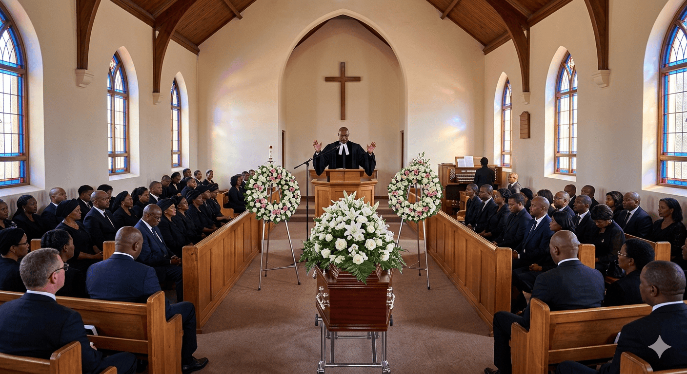 A South African church funeral service with mourners and floral arrangements