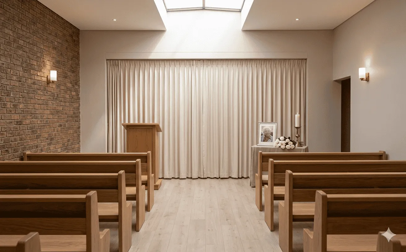 A modern South African crematorium memorial room with an urn and tribute display