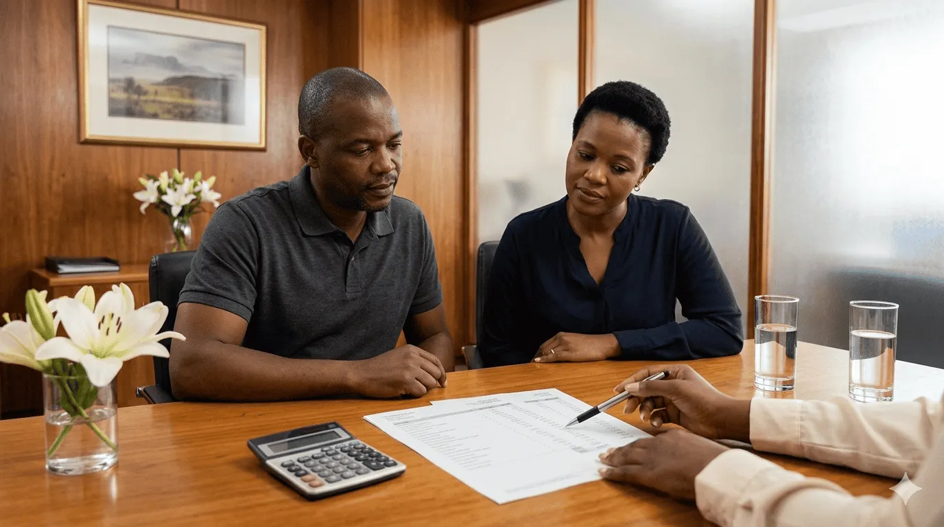 A South African couple reviewing funeral cost documents with a financial advisor