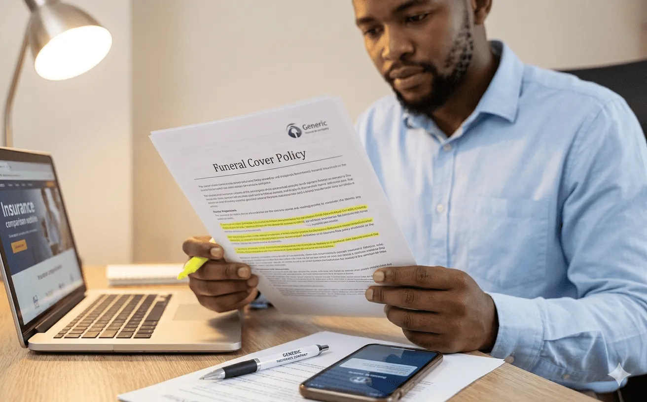 A South African family reviewing a funeral insurance policy document with an advisor
