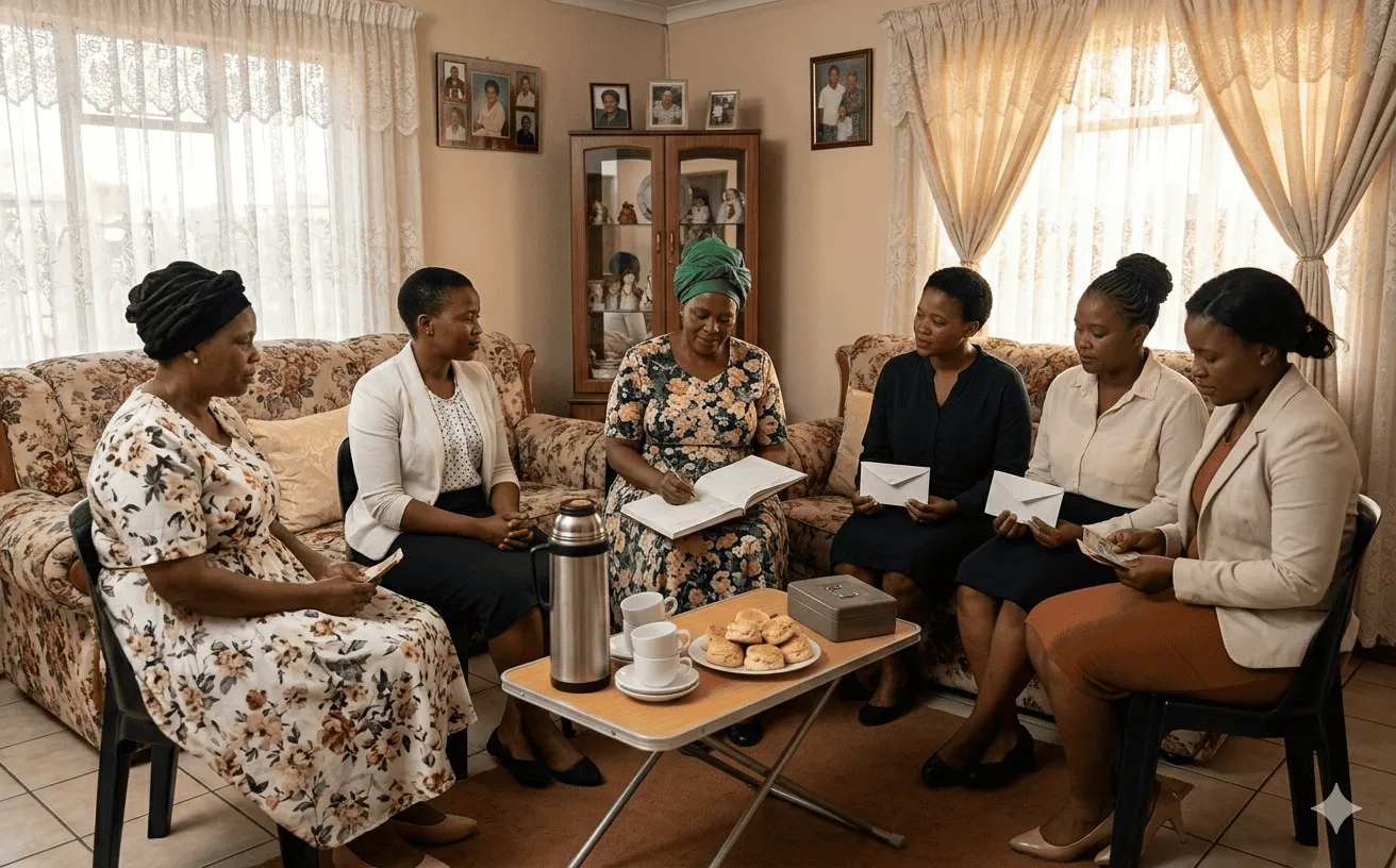 Members of a South African stokvel or burial society contributing funeral funds together