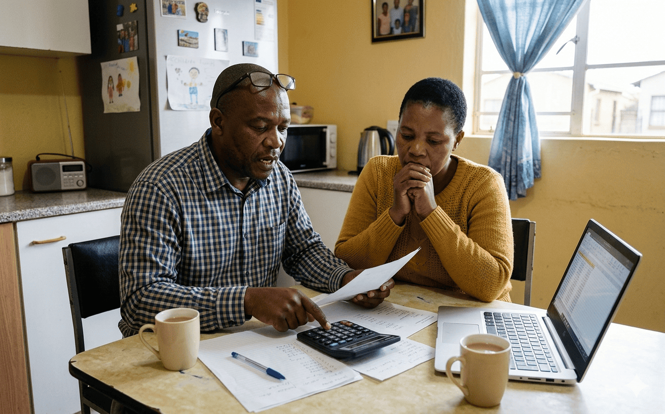 A South African couple reviewing funeral costs at their kitchen table