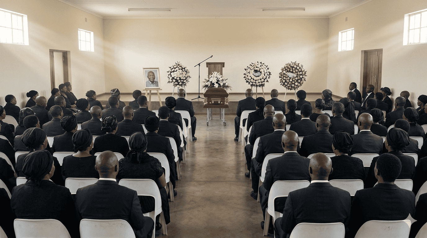 A South African funeral gathering inside a community hall