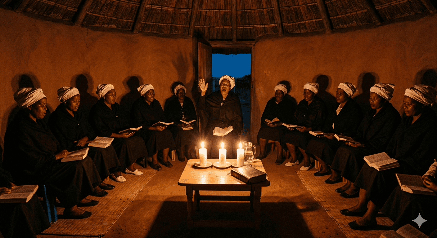 A traditional Xhosa night vigil inside a candlelit rondavel