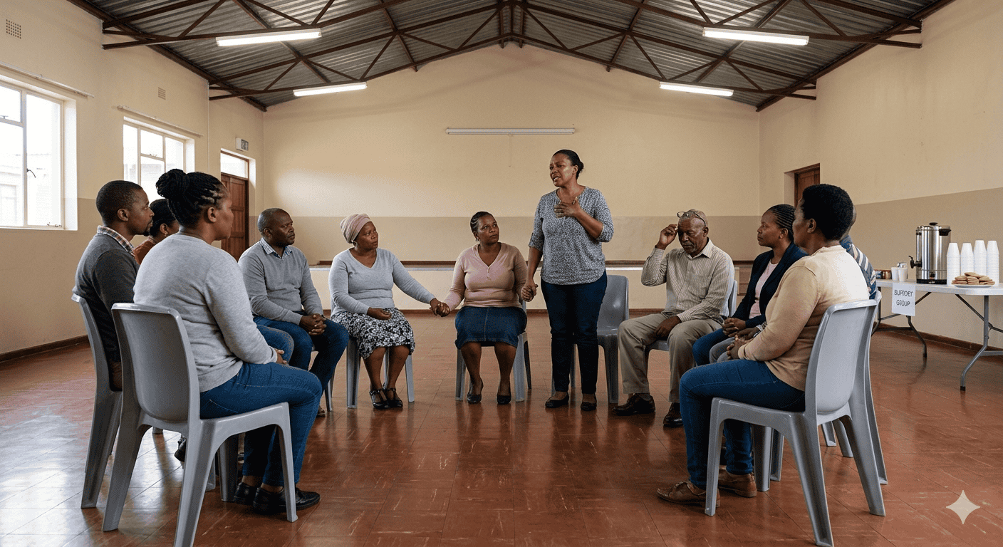 A support group meeting inside a South African church community hall