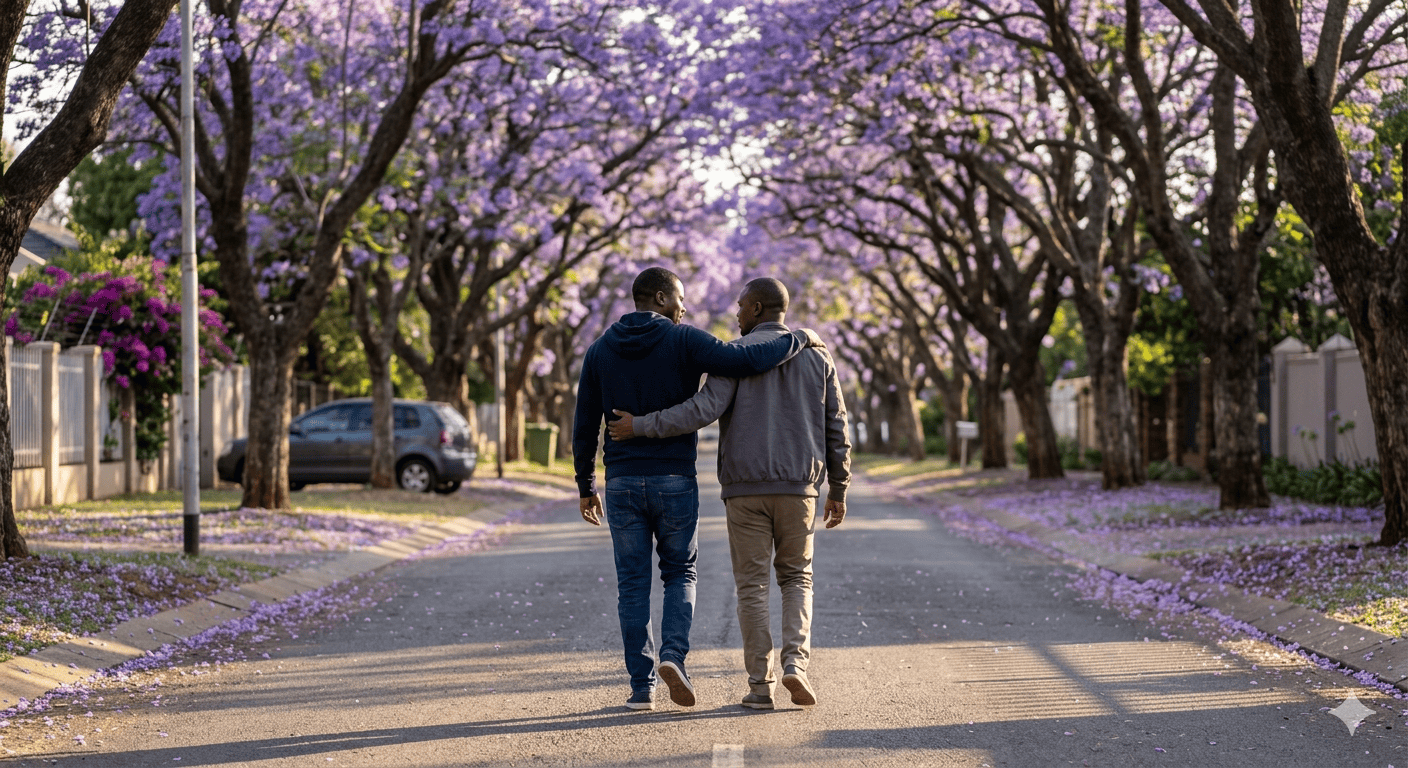 Two men walking together down a Jacaranda-lined street in Pretoria
