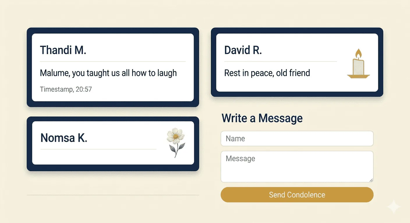 Condolence message section on a memorial page showing three written messages from different visitors with their names and dates