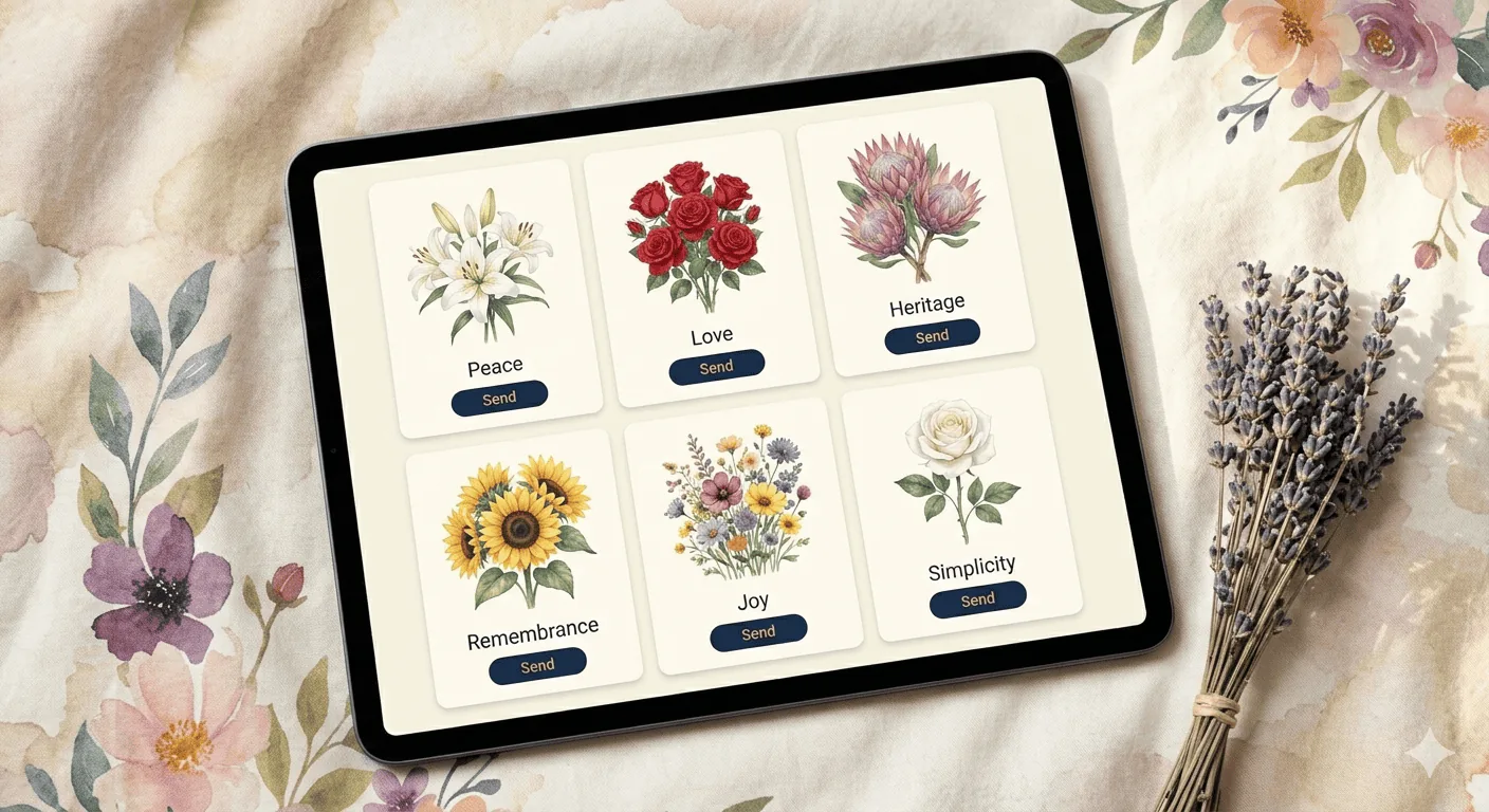 Virtual flower tributes displayed on a memorial page with contributor names, showing different bouquet styles