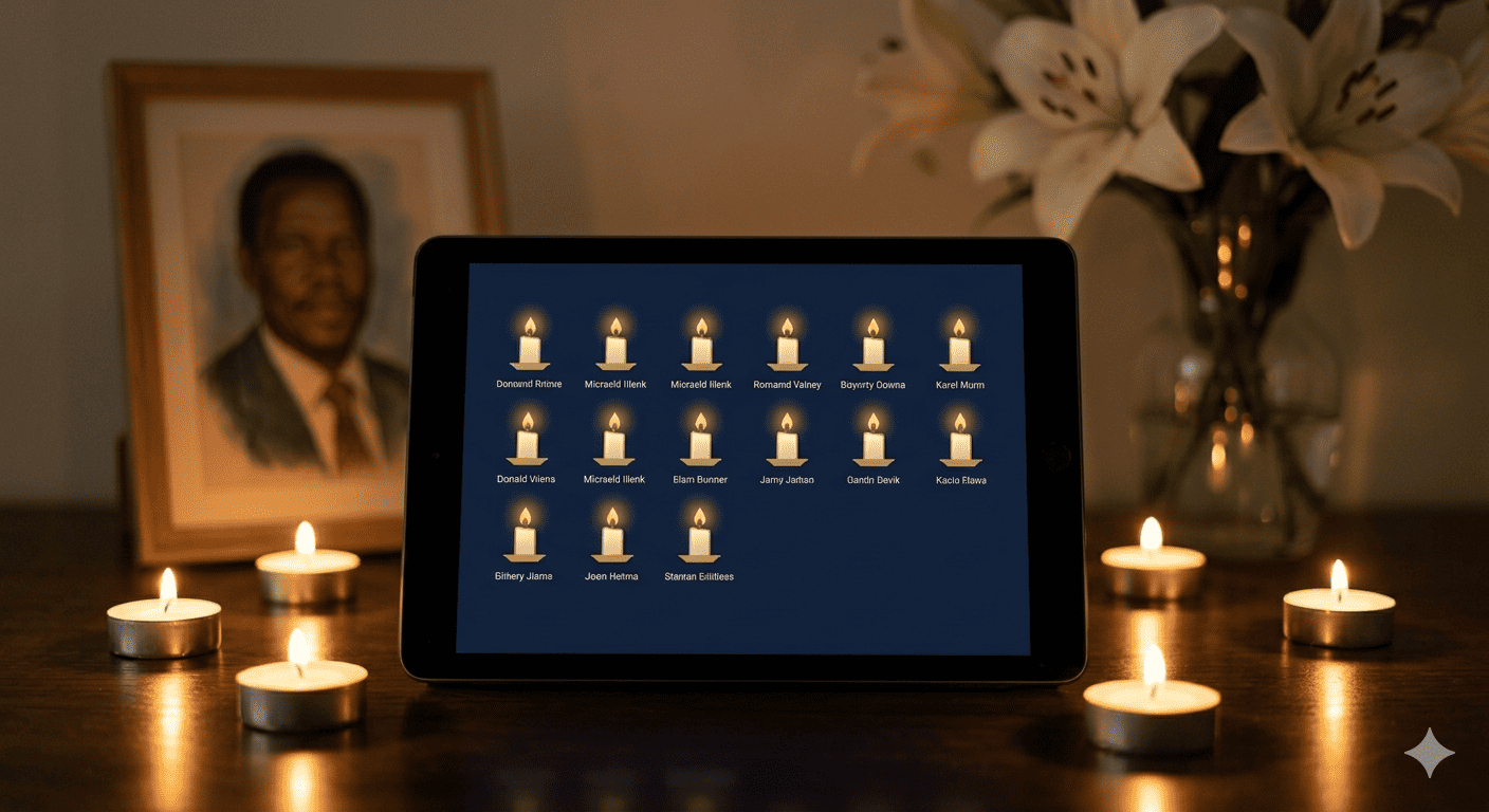 Memorial page showing virtual candles, flowers, and condolence messages from community