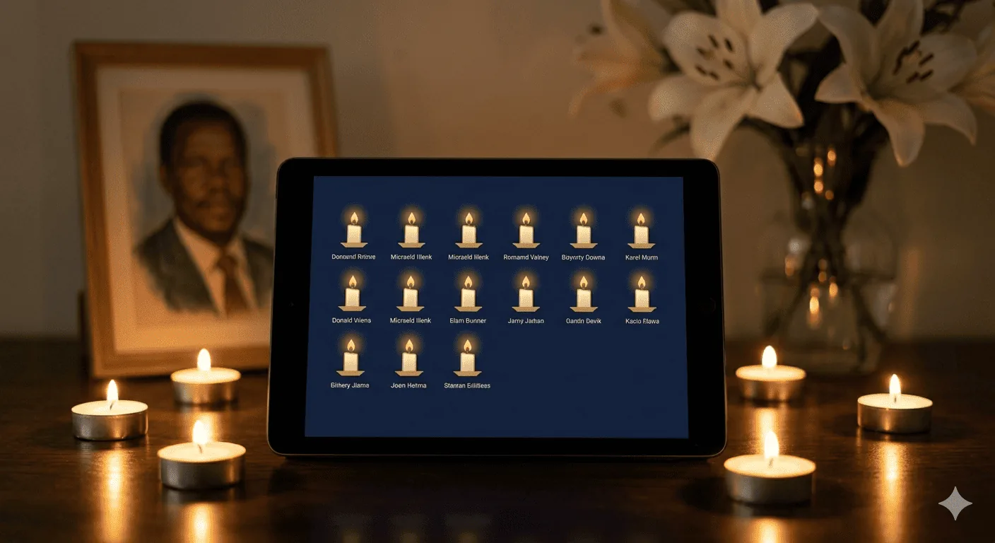 A TributePoint memorial page on a smartphone showing lit virtual candles, flower tributes, and written condolence messages