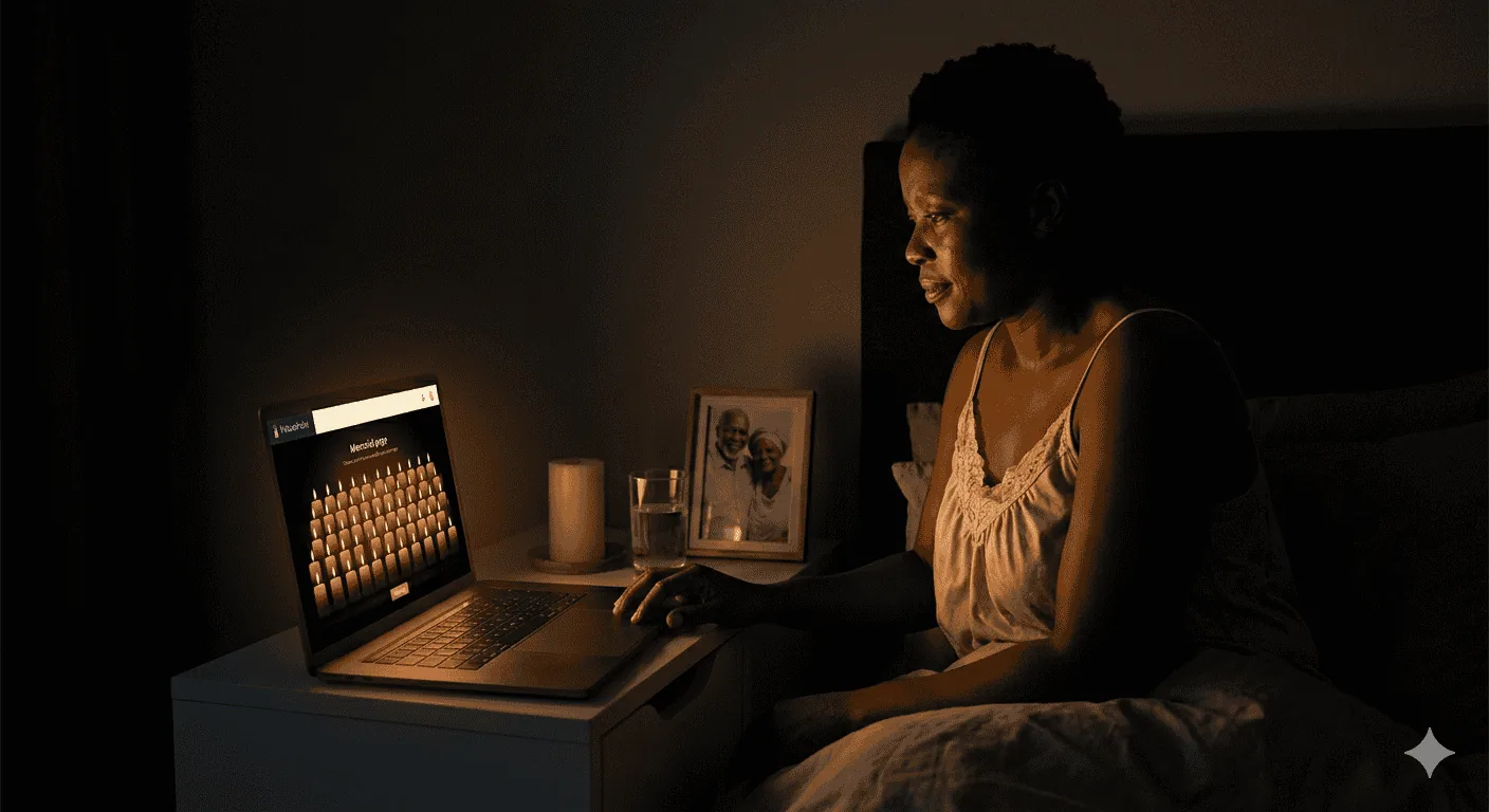 A laptop on a bedside table showing a memorial page with a glowing virtual candle wall, illuminating a person sitting in bed