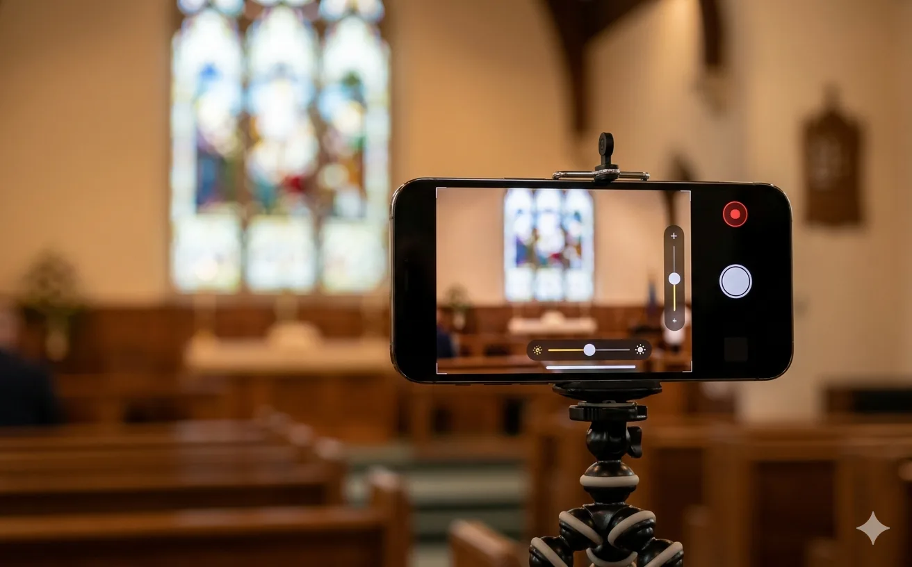 Smartphone on a tripod filming inside a chapel showing the camera interface with overlay controls