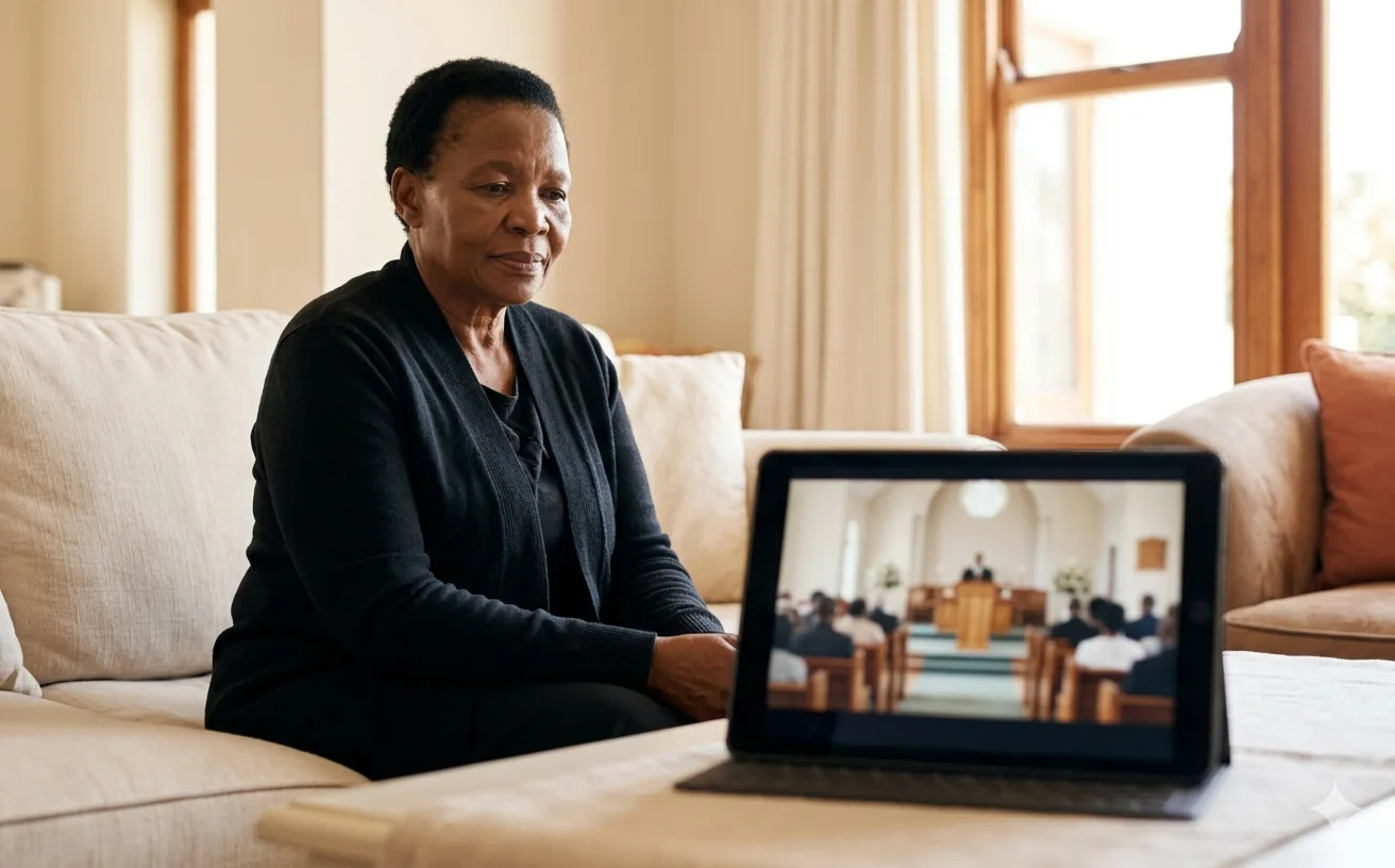 Elderly South African woman watching a funeral livestream on a tablet at home with warm natural light
