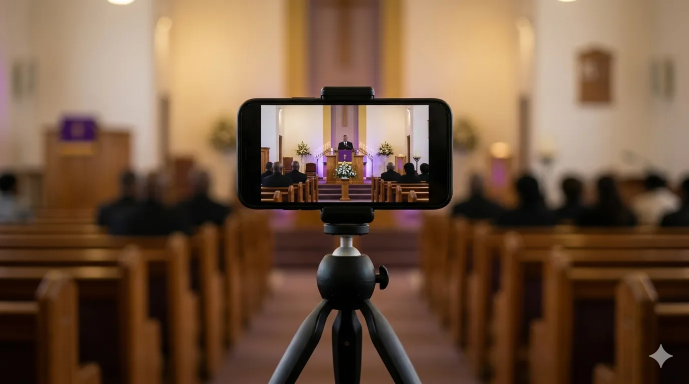 Smartphone on a tripod livestreaming a funeral service inside a South African church with warm ambient lighting