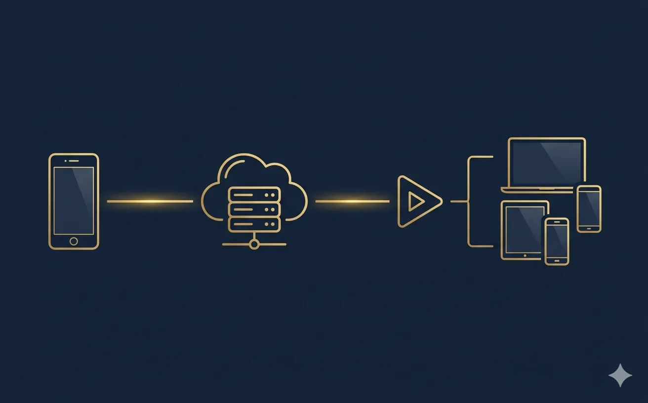 Illustration showing the streaming flow from smartphone to cloud server to YouTube to viewer devices