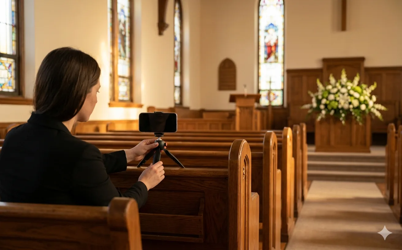 Person setting up a smartphone on a tripod at the back of an empty church before a funeral service