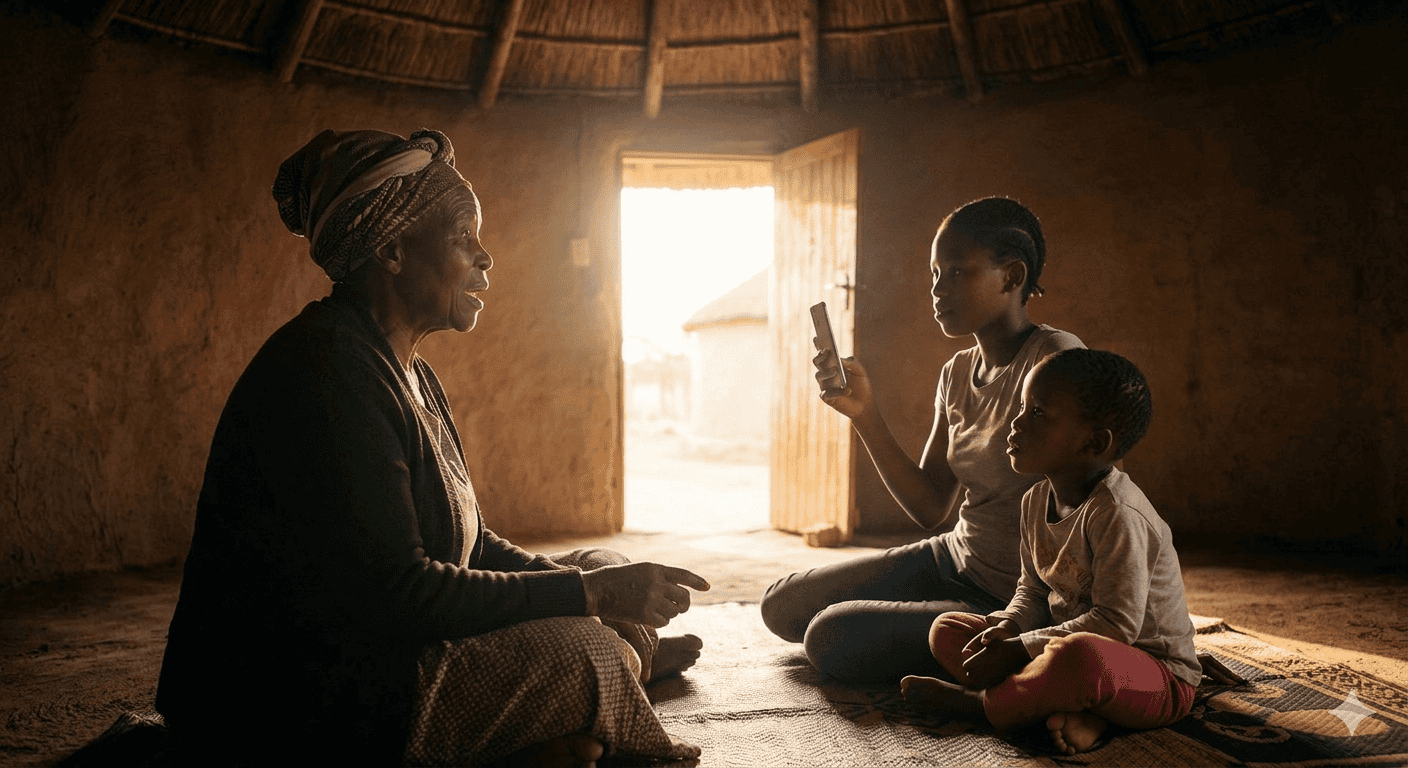 An elderly Xhosa grandmother telling stories to her granddaughter who records on a smartphone