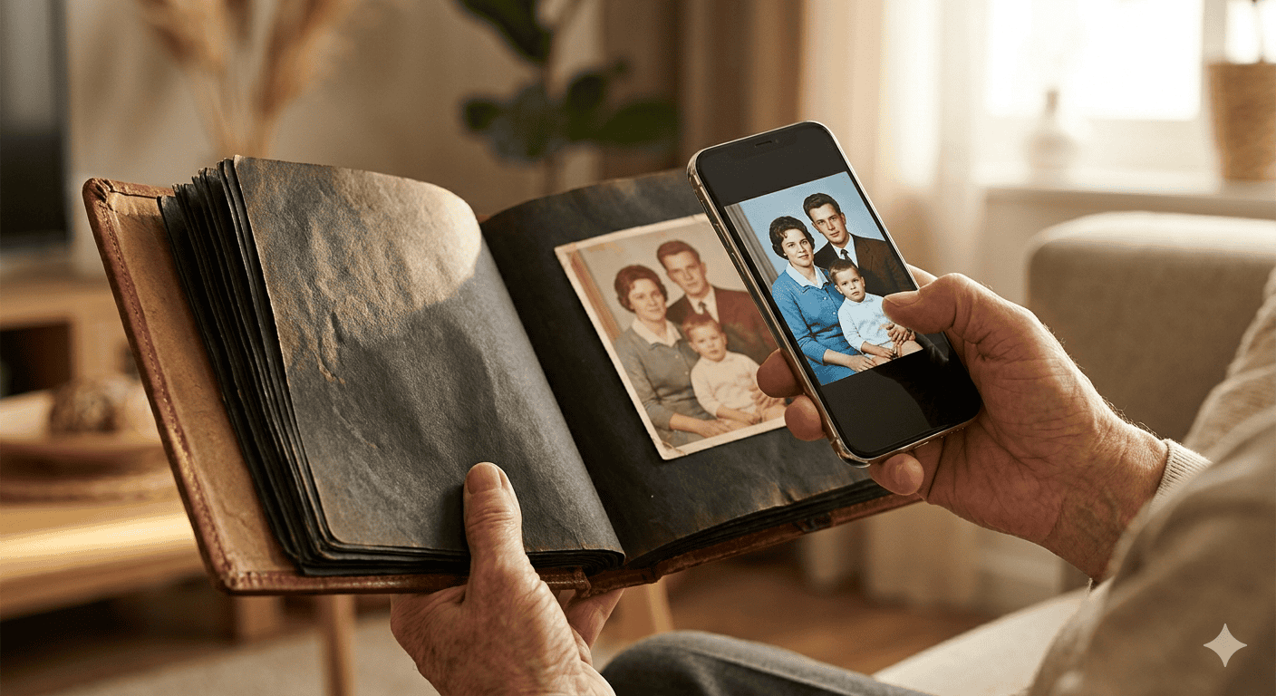 A vintage family photo album open beside a smartphone showing a digitally restored photo